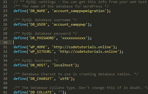 wp-config with changes made to the database, user, password, site url, and home url