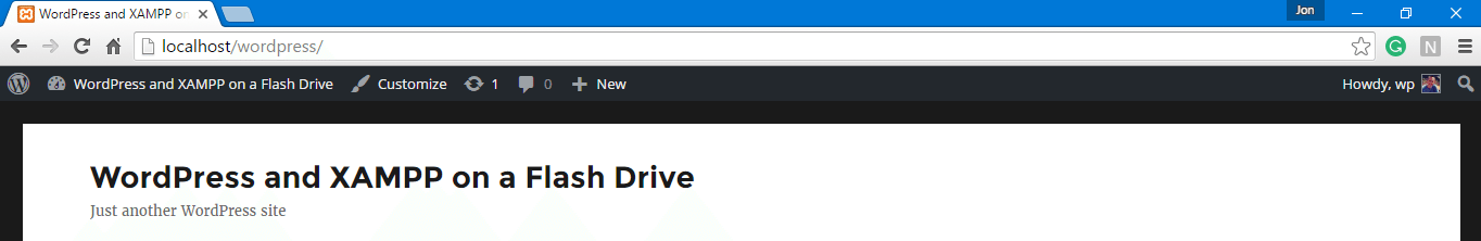 screenshot of wordpress powered by xampp on a flash drive
