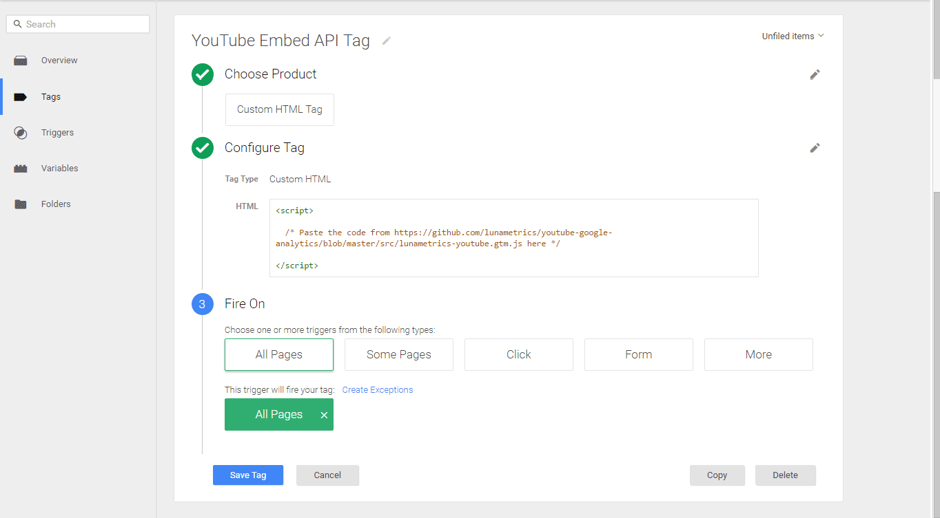 Creating a custom YouTube embed API tag.
