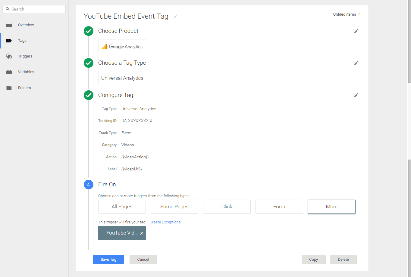 Creating a YouTube embed event tag.