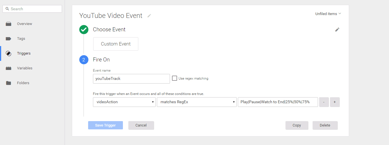 Creating a YouTube video event trigger.