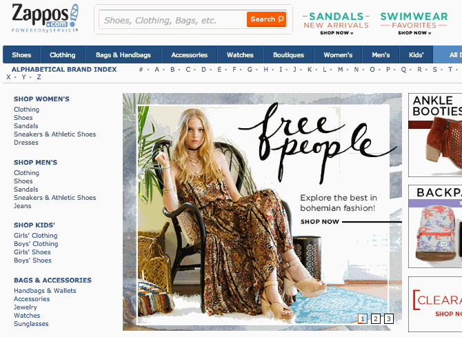 The Zappos websites features a centrally placed slider.